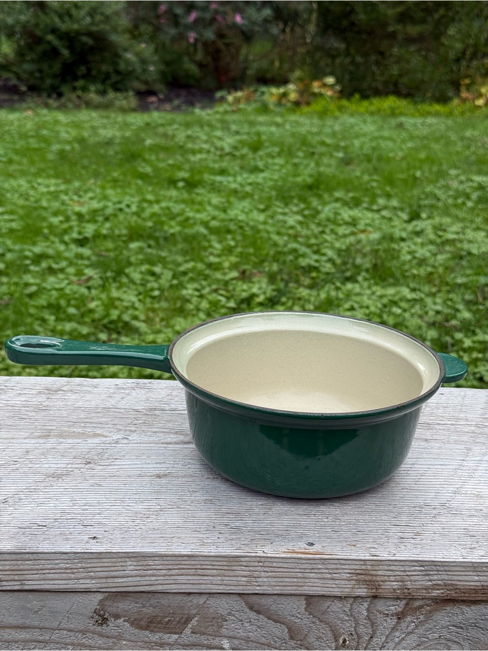 Vintage Hunter Green Le Creuset #18
Enameled Cast Iron Saucepan